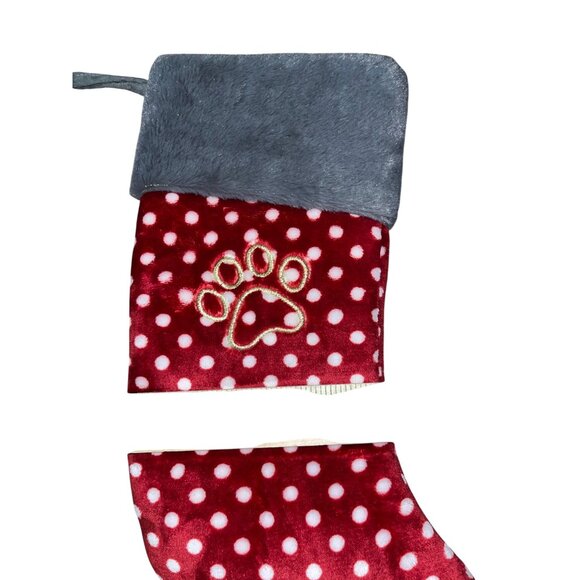 Dog Paw Christmas Stocking Red Polka Dot Plush Gray Top 18” Pet Used - Picture 7 of 10